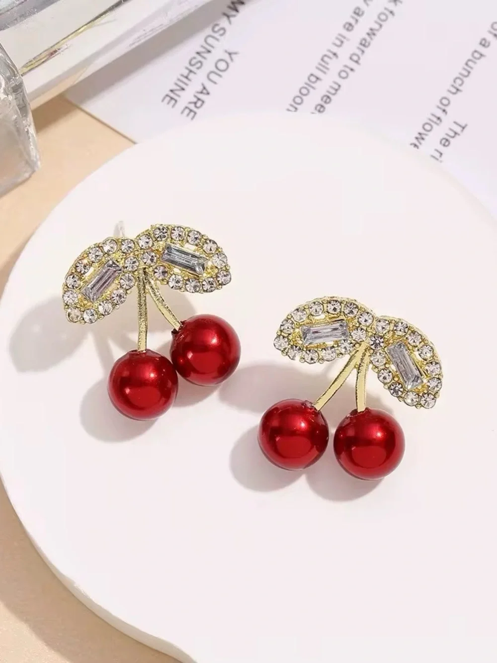 ***Dainty Gold-Tone Red Cherry Rhinestone Stud Earrings - Elegant Women Jewelry